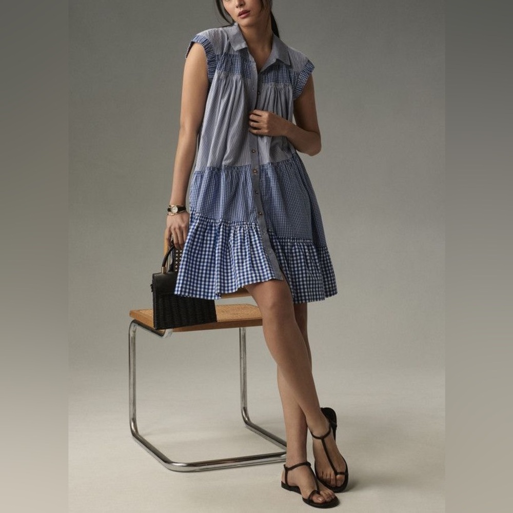 Anthropologie Pilcro Short Sleeve Tunic Mini Dress Blue Motif Women's Size XS